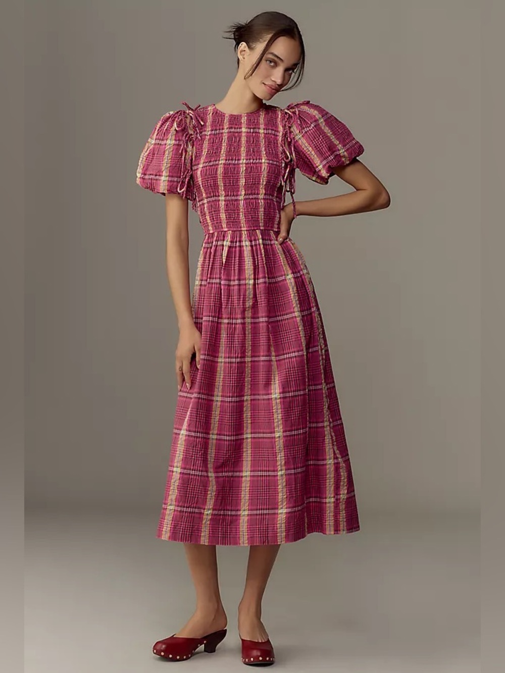 Damson Madder Becca Multi-Way Midi Dress in Pink/Khaki Check | US 12 - Picture 2 of 16